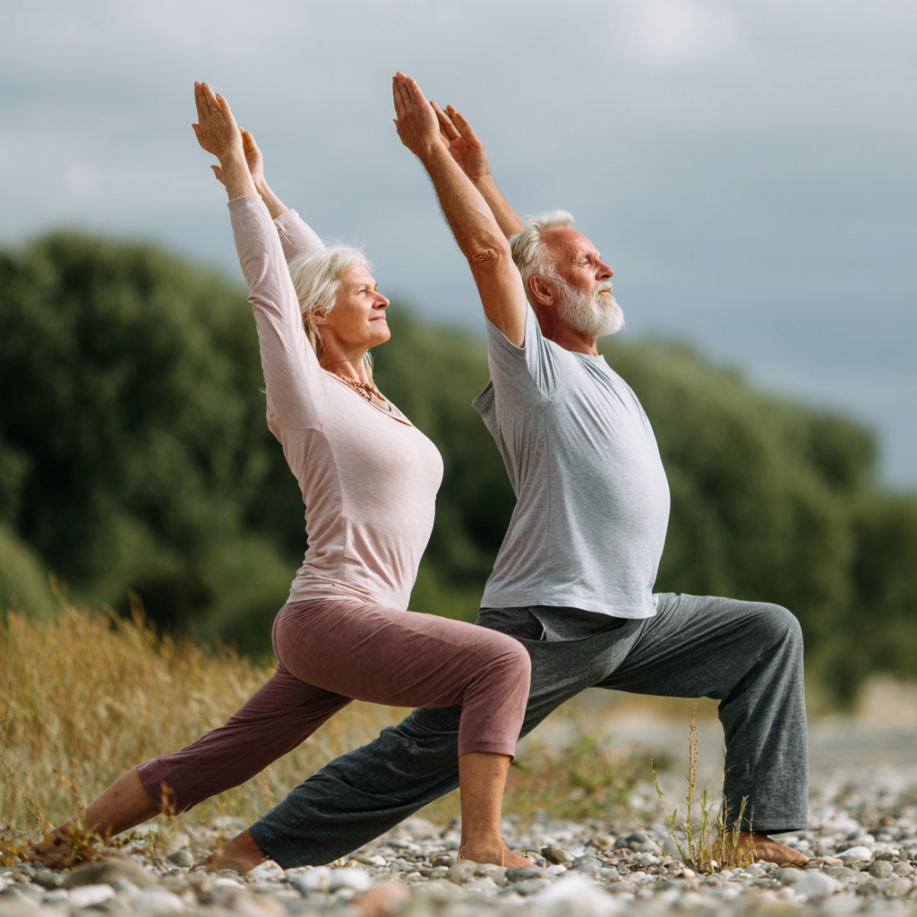 Middle-aged Ukrainian woman demonstrating proper breathing technique during yoga practice, showing peaceful concentration