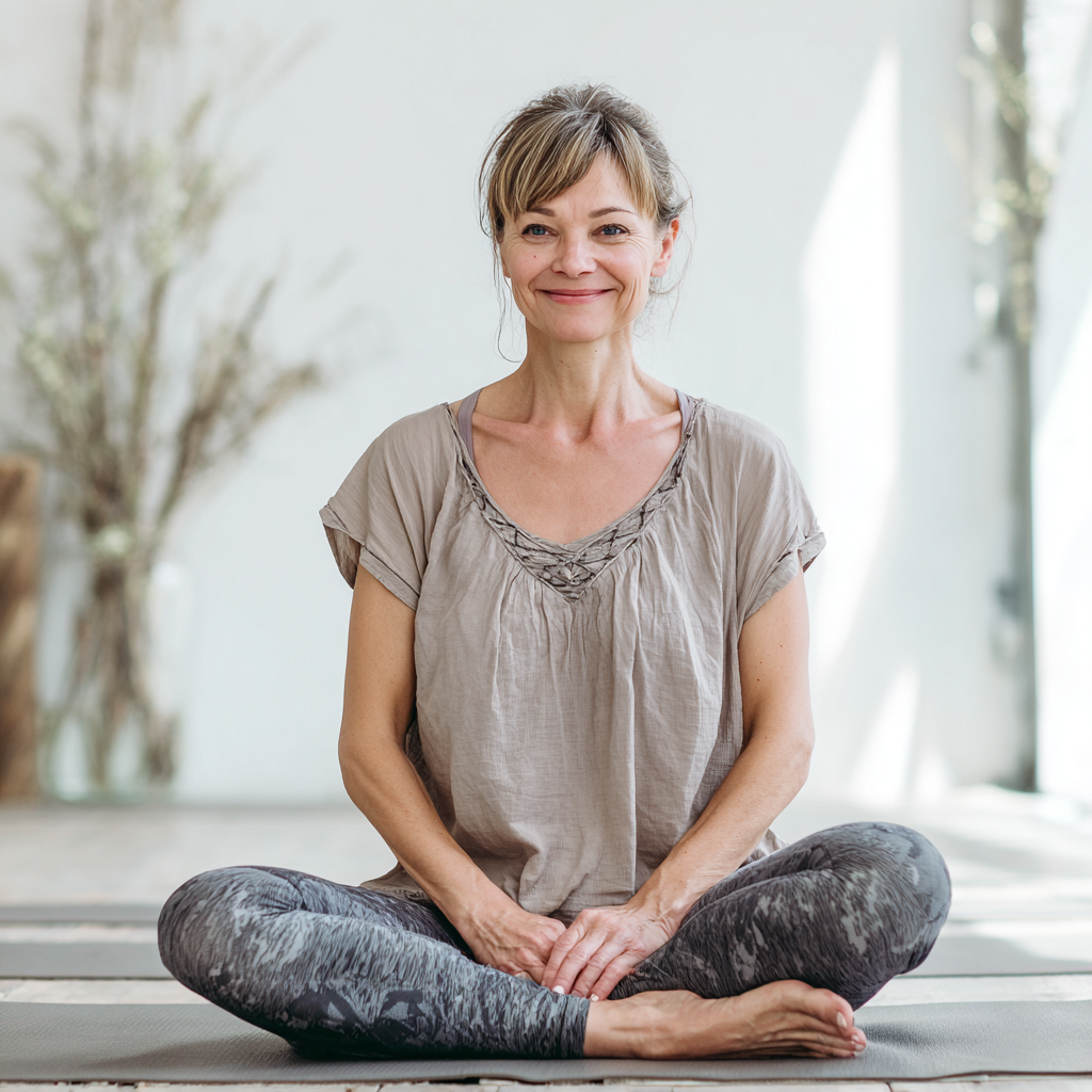 Senior Ukrainian man in comfortable yoga pose demonstrating gentle practice and mindful movement with serene expression